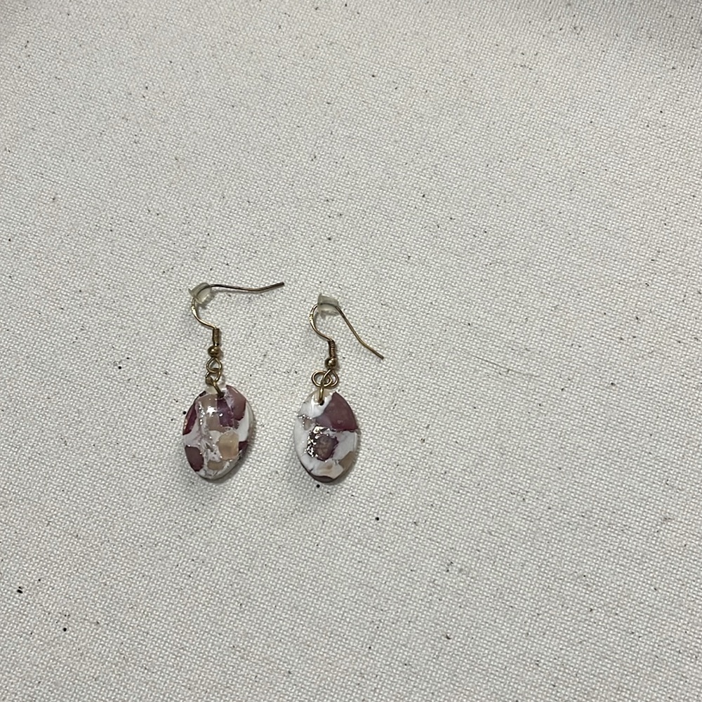 gold white and red resin and clay earrings